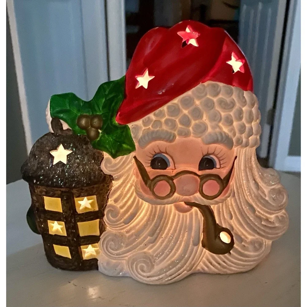 Santa With Pipe And Lantern Porcelain Light Up‎